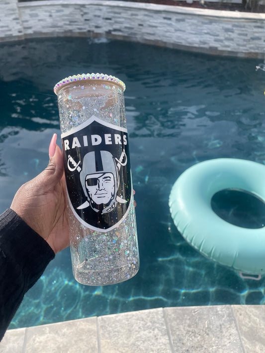 Raiders Snowglobe Glass Tumbler W/ Bling lid